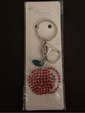 Crystal Collection Red Apple Keychain with Green Rhinestone Leaf